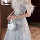 Pretty A Line Off The Shoulder Tulle Gray Long Prom Dresses C1489