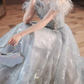 Pretty A Line Off The Shoulder Tulle Gray Long Prom Dresses C1489