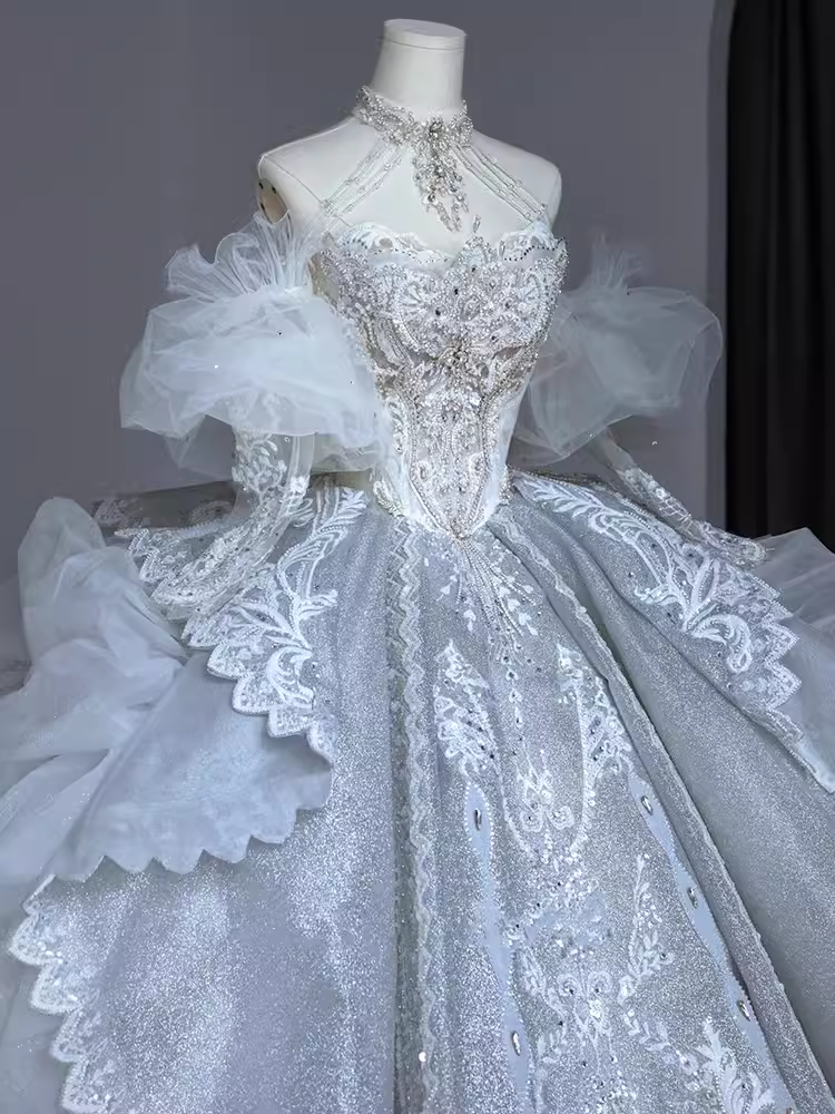 Robe de bal chic, épaules dénudées, manches courtes, robes de mariée en dentelle, C148