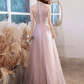 Pretty A Line High Neckline Tulle Pink Long Prom Dresses C1490