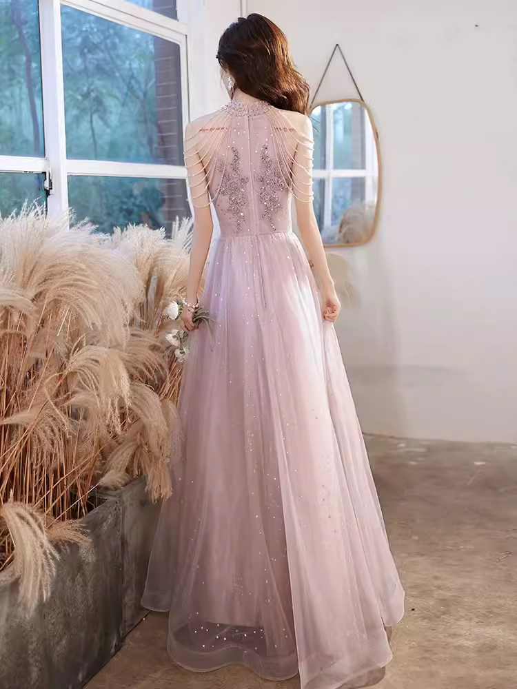 Pretty A Line High Neckline Tulle Pink Long Prom Dresses C1490