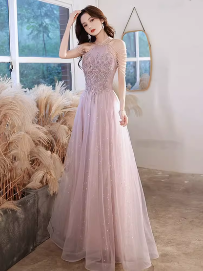 Pretty A Line High Neckline Tulle Pink Long Prom Dresses C1490