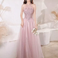 Pretty A Line High Neckline Tulle Pink Long Prom Dresses C1490