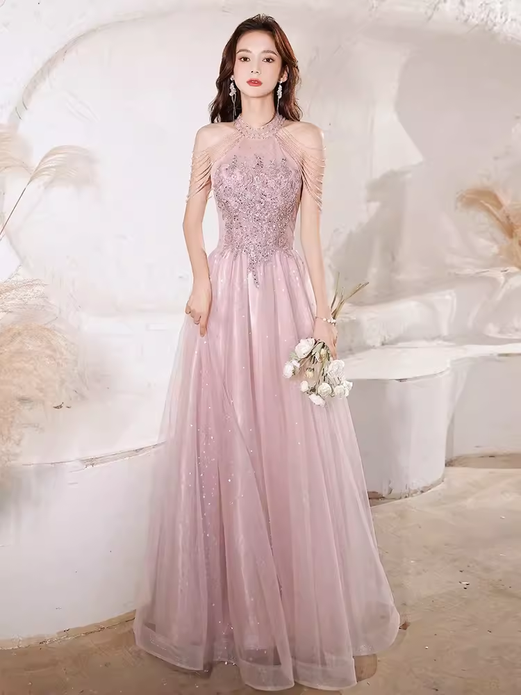 Pretty A Line High Neckline Tulle Pink Long Prom Dresses C1490