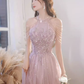 Pretty A Line High Neckline Tulle Pink Long Prom Dresses C1490