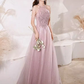 Pretty A Line High Neckline Tulle Pink Long Prom Dresses C1490