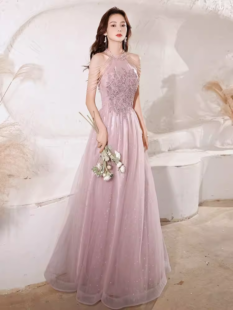 Pretty A Line High Neckline Tulle Pink Long Prom Dresses C1490