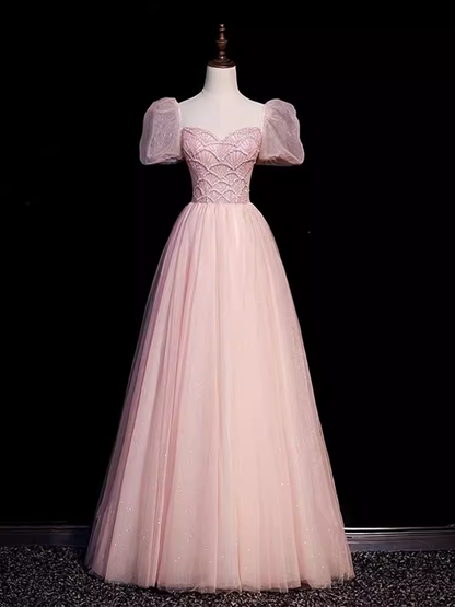 Jolie robe de bal longue en tulle rose à décolleté en cœur avec perles C1492