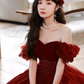 Pretty A Line Off The Shoulder Burgundy Tulle Beads Long Prom Dresses C1493