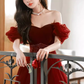 Pretty A Line Off The Shoulder Burgundy Tulle Beads Long Prom Dresses C1493