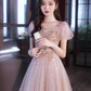 Pretty A Line Short Puffy Sleeves Pink Tulle Beads Long Prom Dresses C1494