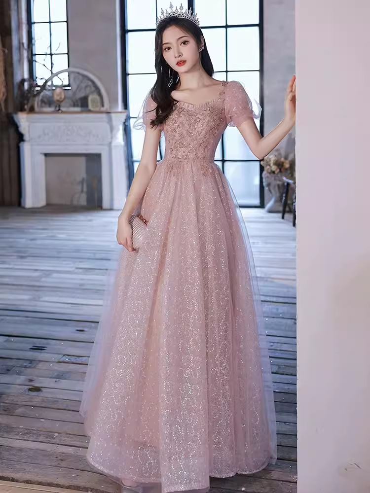 Pretty A Line Short Puffy Sleeves Pink Tulle Beads Long Prom Dresses C1494