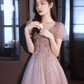 Pretty A Line Short Puffy Sleeves Pink Tulle Beads Long Prom Dresses C1494