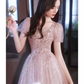 Pretty A Line Short Puffy Sleeves Pink Tulle Beads Long Prom Dresses C1494