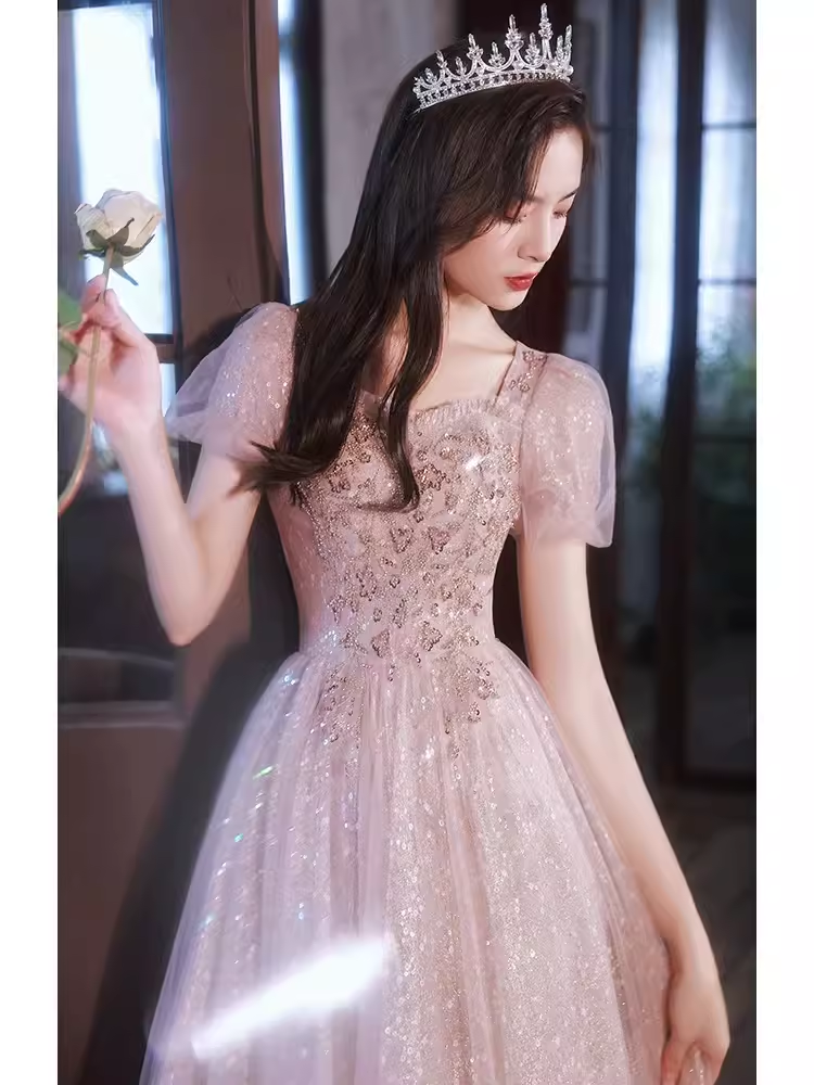 Pretty A Line Short Puffy Sleeves Pink Tulle Beads Long Prom Dresses C1494