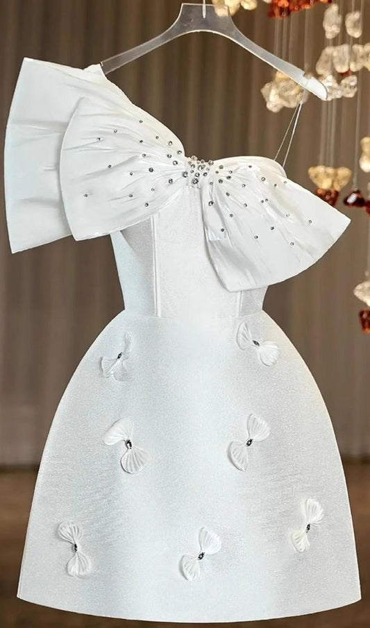 A-line Strapless Short Cocktail Dress With Bow White Homecoming Dress C1497