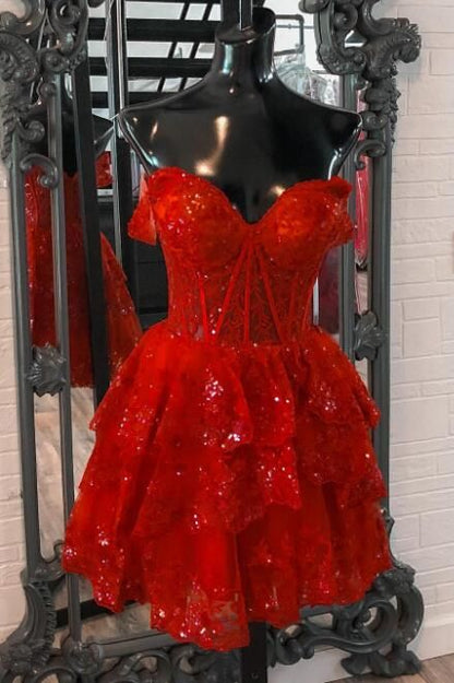 Tulle Sequin A-Line Homecoming dress with Sheer Corset Bodice and Ruffle Skirt C1505