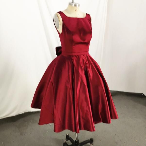 Dark Red Satin Backless Vintage Style Party Dress Homecoming Dresses with Bow C1506