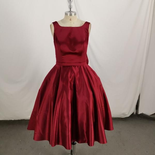 Dark Red Satin Backless Vintage Style Party Dress Homecoming Dresses with Bow C1506