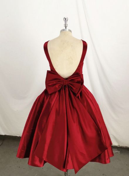 Dark Red Satin Backless Vintage Style Party Dress Homecoming Dresses with Bow C1506