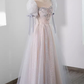 Pretty A Line Scoop Short Puffy Sleeves Pink Tulle Beads Long Prom Dresses C1508