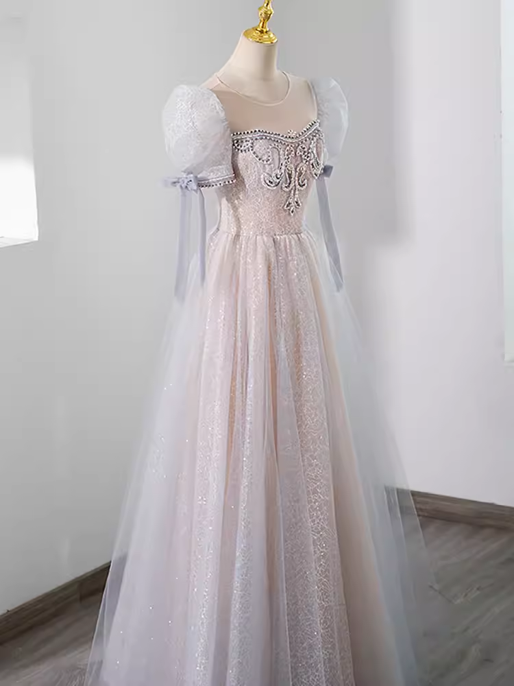 Pretty A Line Scoop Short Puffy Sleeves Pink Tulle Beads Long Prom Dresses C1508