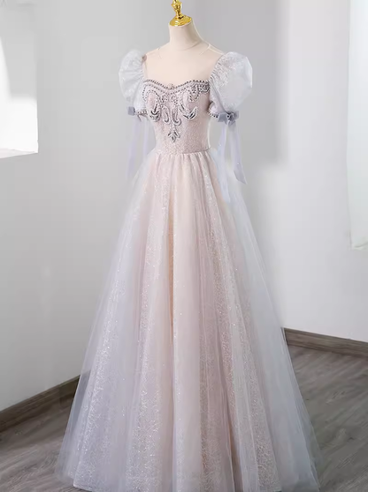 Pretty A Line Scoop Short Puffy Sleeves Pink Tulle Beads Long Prom Dresses C1508