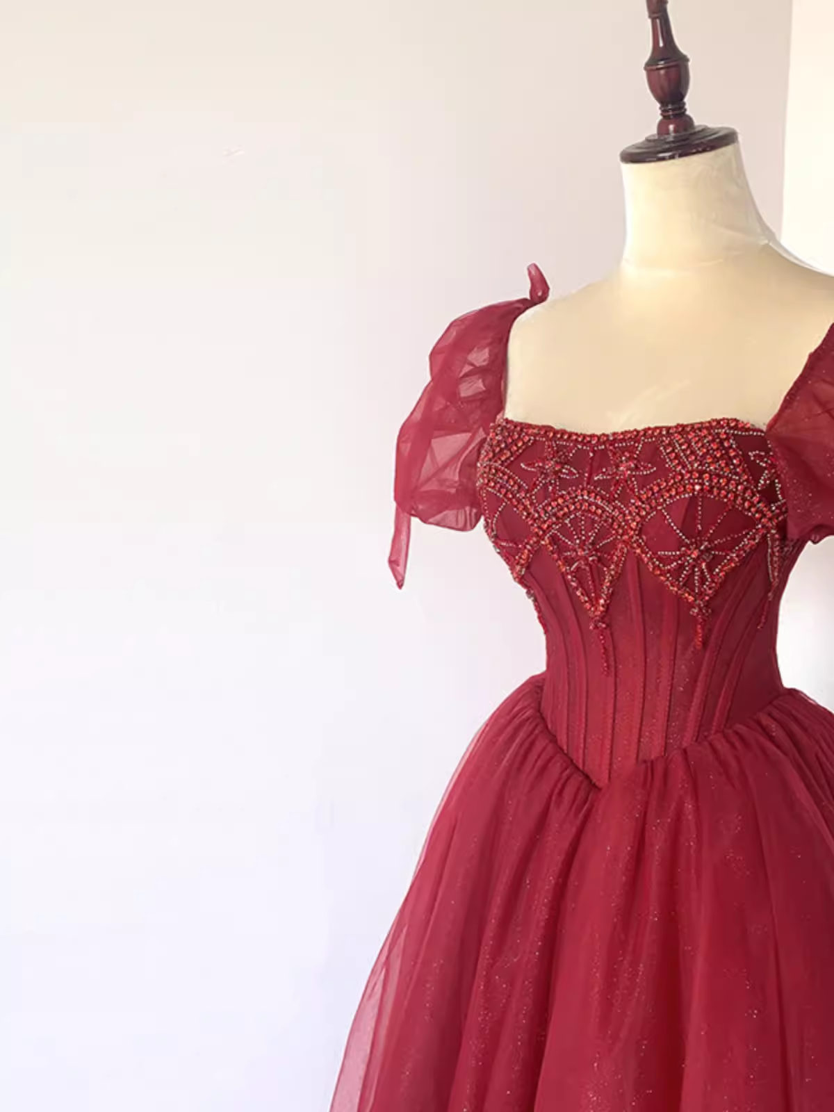 Pretty A Line Square Neckline Tulle Burgundy Beads Long Prom Dresses C1512