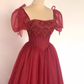 Pretty A Line Square Neckline Tulle Burgundy Beads Long Prom Dresses C1512