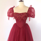 Pretty A Line Square Neckline Tulle Burgundy Beads Long Prom Dresses C1512