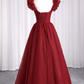 Pretty A Line Square Neckline Tulle Burgundy Beads Long Prom Dresses C1513