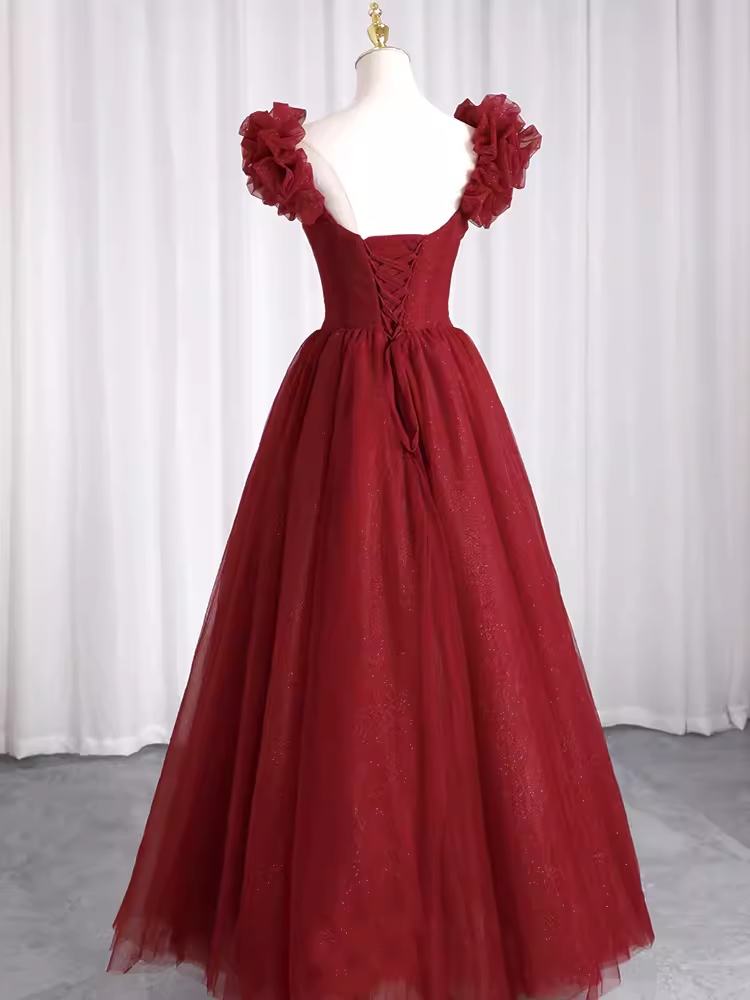 Pretty A Line Square Neckline Tulle Burgundy Beads Long Prom Dresses C1513