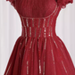 Pretty A Line Square Neckline Tulle Burgundy Beads Long Prom Dresses C1513