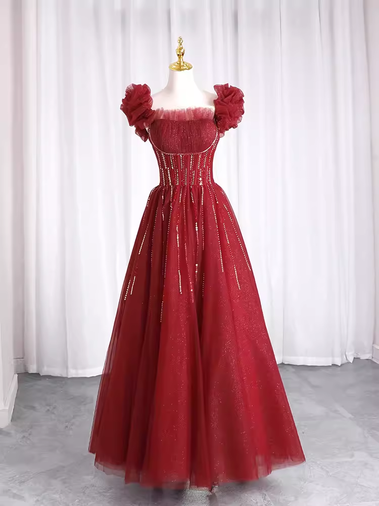 Pretty A Line Square Neckline Tulle Burgundy Beads Long Prom Dresses C1513