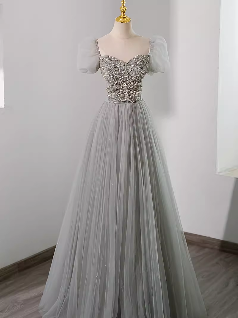 Elegant A Line Gray Tulle Beadings Long Prom Dress C1514