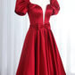 Pretty A Line Short Sleeves Satin Burgundy Long Prom Dresses C1515