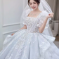 Vintage Ball Gown Square Neckline Short Sleeves Lace Wedding Dress C154