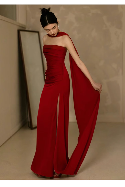 Pretty Sheath Scoop Neckline Satin Burgundy Long Prom Dresses With Ribbon C1596