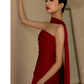 Pretty Sheath Scoop Neckline Satin Burgundy Long Prom Dresses With Ribbon C1596