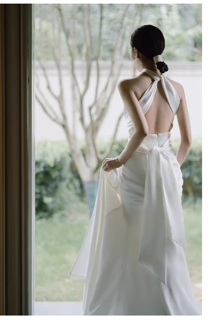 Vintage Sheath Halter Satin White Backless Wedding Dresses C1599