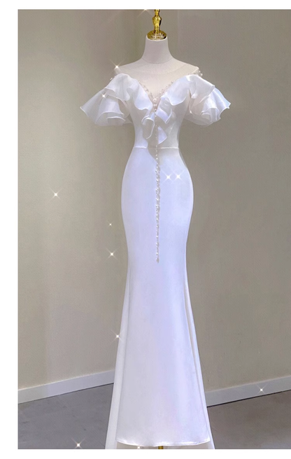 Sexy Mermaid V Neckline White Long Wedding Dresses With Pearls C1602