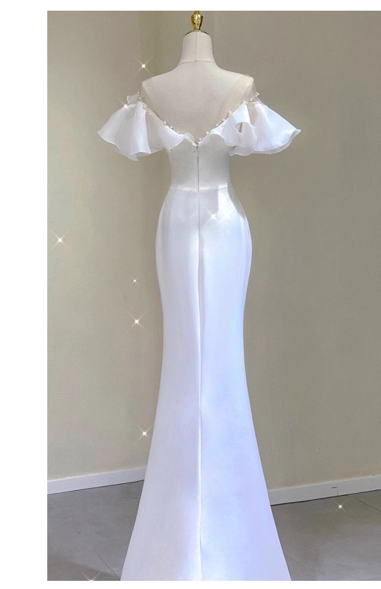 Sexy Mermaid V Neckline White Long Wedding Dresses With Pearls C1602