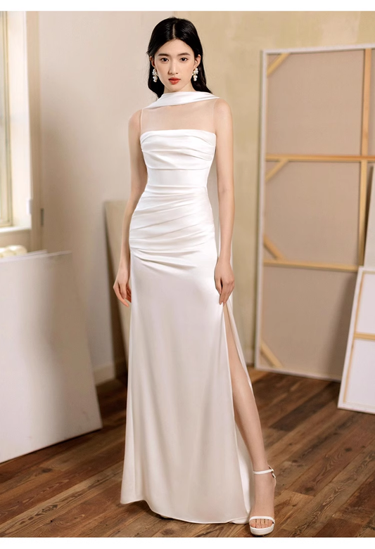 Pretty Sheath Scoop Neckline Satin White Slit Long Prom Dresses With Ribbon C1604