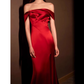 Pretty Sheath Off The Shoulder Satin Burgundy Slit Long Prom Dresses With Ruffles C1605