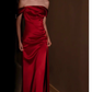 Pretty Sheath Off The Shoulder Satin Burgundy Slit Long Prom Dresses With Ruffles C1605