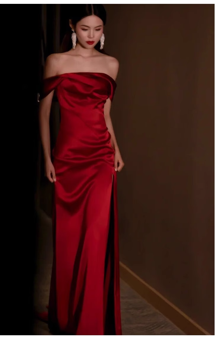 Pretty Sheath Off The Shoulder Satin Burgundy Slit Long Prom Dresses With Ruffles C1605