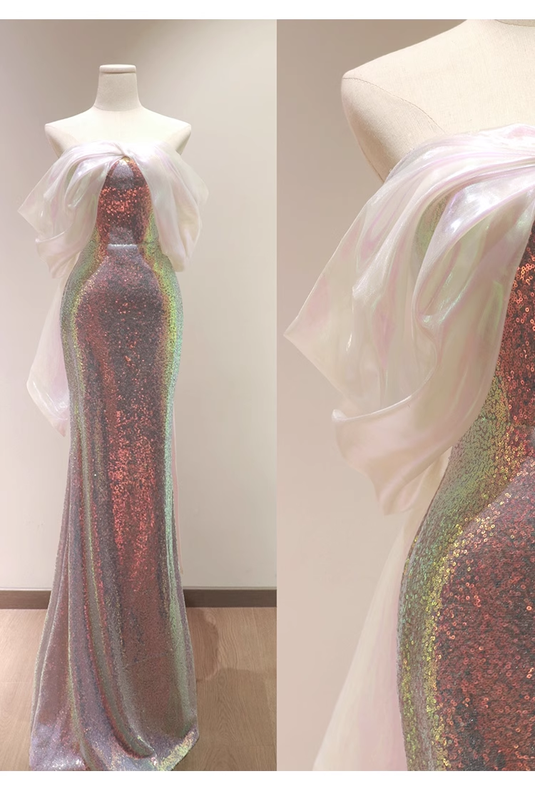 Pretty Sheath Strapless Sequin Long Prom Dresses With Sleeves C1610