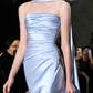 Pretty Sheath Scoop Neckline Satin Blue Slit Long Prom Dresses With Ribbon C1613