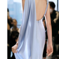 Pretty Sheath Scoop Neckline Satin Blue Slit Long Prom Dresses With Ribbon C1613