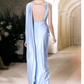 Pretty Sheath Scoop Neckline Satin Blue Slit Long Prom Dresses With Ribbon C1613